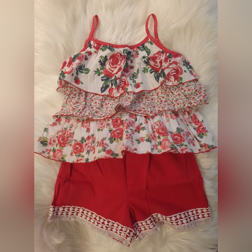 Red & white floral-ruffle print 2 PC Matching Set Girl's Size 7-8